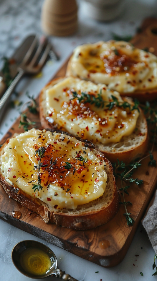 whipped feta on toast with herbs on a wooden board stock photos for creators