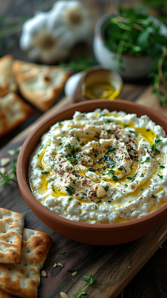 Whipped feta dip with roasted garlic and pita stock photos for creators