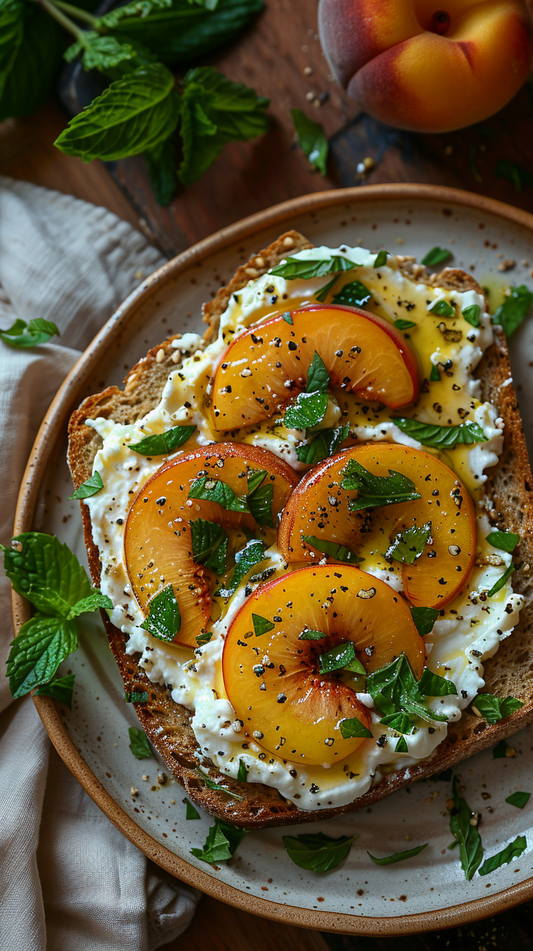 Whipped feta with grilled peaches stock photo for creators