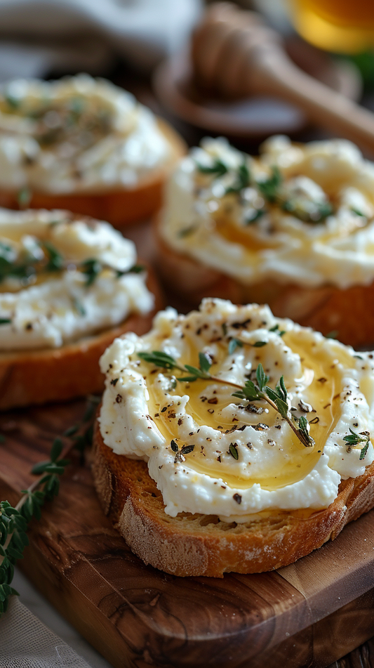 Whipped ricotta crostini with herbs on a wooden board stock photos for creators