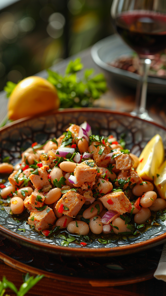 Plated salad with white beans, tuna, and red onions on a wooden table with a glass of red wine in the background. stock photos