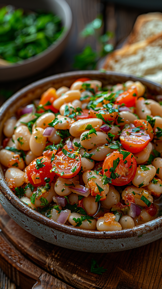 Bean salad with tomatoes and herbs in a bowl on a wooden surface stock photos for creators