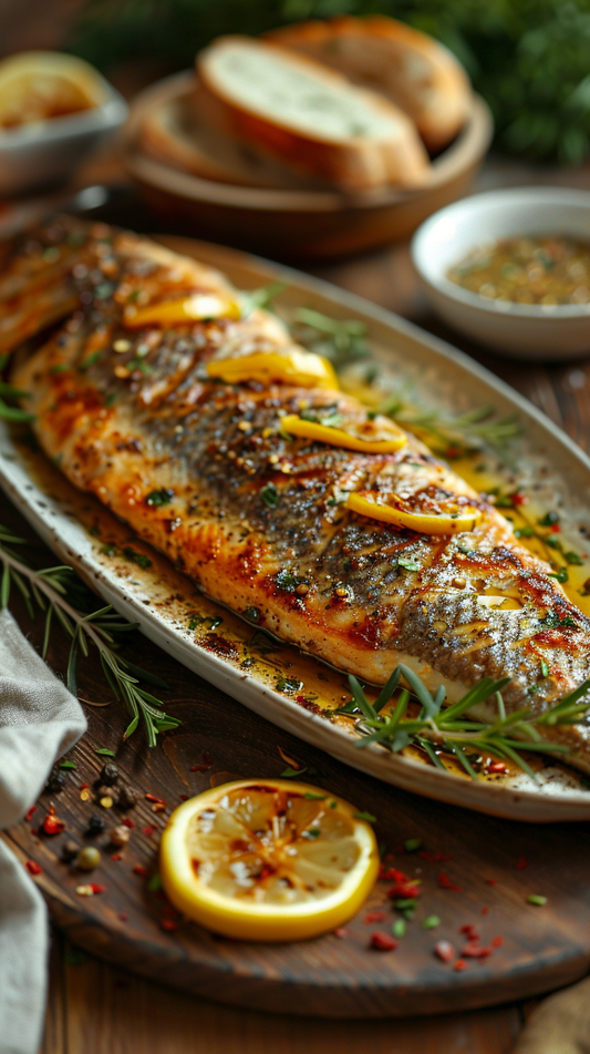Whole grilled branzino with lemon on ceramic dish stock photo for creators