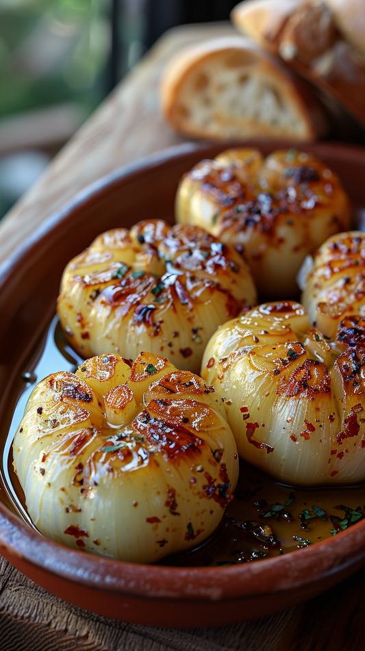 Roasted garlic cloves in a terracotta dish with bread in the background