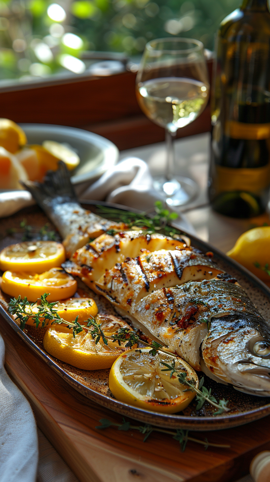 whole sea bass with lemon stock photos for creators