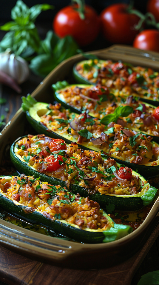 Stuffed zucchini boats on a plate with tomatoes and basil in the background stock photos for creators