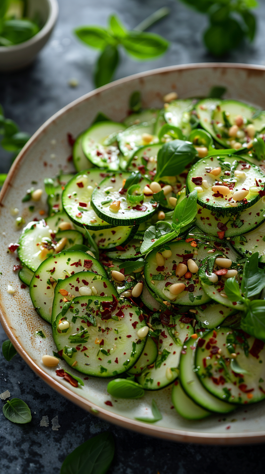 zucchini salad with pine nuts and herbs on a plate stock photos