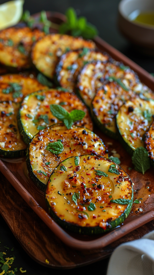 Grilled zucchini slices on a wooden platter with herbs